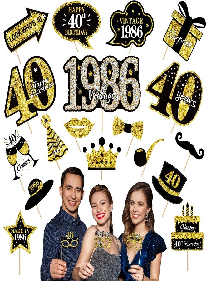 Guiruiy 21Pcs 40th Birthday Decoration Photo Booth Props for Men Women, Funny Black Gold Vintage 1986 40th Birthday Props Kit with Sticks Party Supplies, Cheers to 40 Bday Photo Props Sign Decor - Image 1